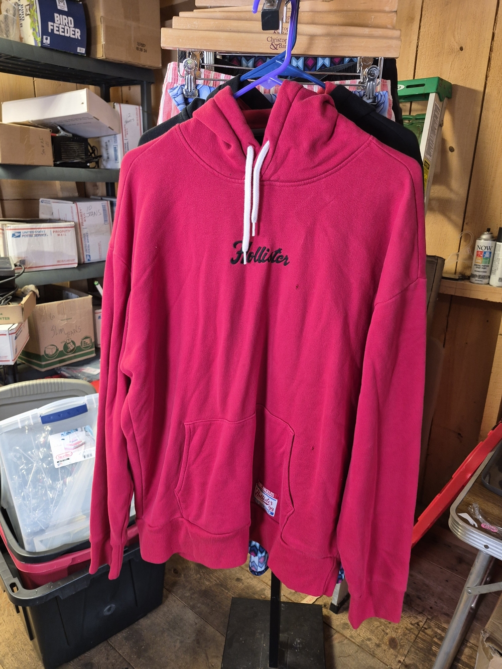 Hollister Men’s Hot Pink Hooded Sweatshirt with White Drawstrings Bin 53